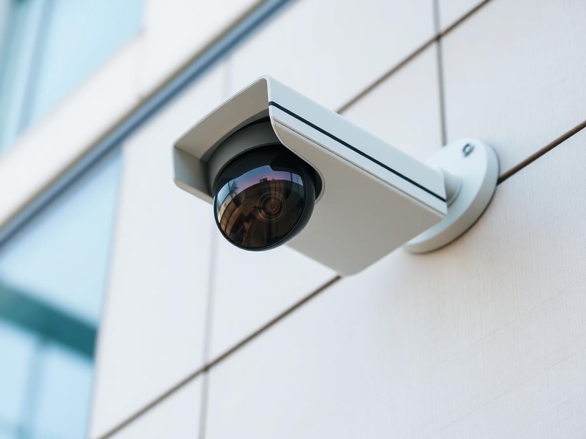 Câmera de segurança profissional instalada em fachada moderna